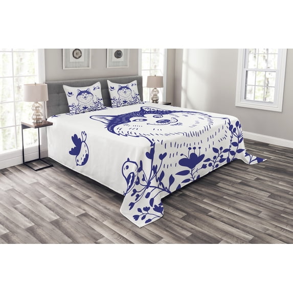Ambesonne Alaskan Malamute Quilted Bedspread Set 3 Pcs, Blooming Field, Queen Size, Blue White