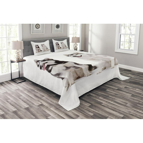 Ambesonne Alaskan Malamute Quilted Bedspread Set 3 Pcs, Furry Doggies, King Size, Black Cream White