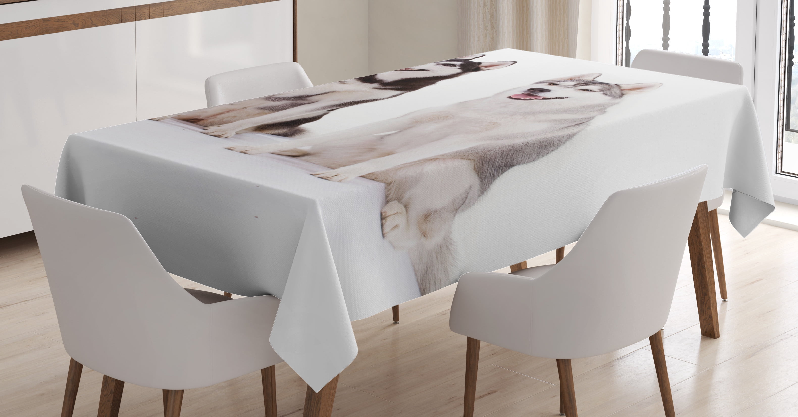 Ambesonne Alaskan Malamute Tablecloth Rectangular Table Cover, Furry Doggies, 60"x90", Black Cream White