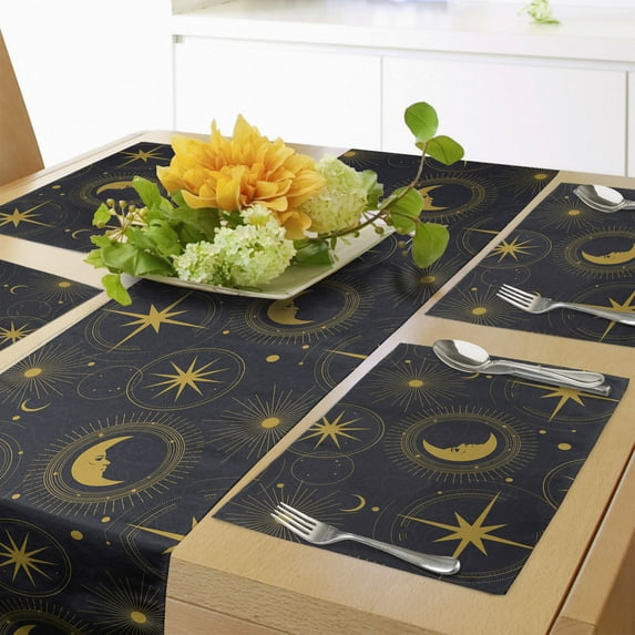 Ambesonne Alchemy Table Runner & Placemats, Crescent in Night, Placemat 4 pcs + Runner 14"x72", Indigo and Dark Yellow