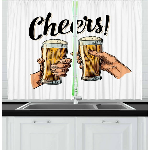 Ambesonne Alcohol Kitchen Curtains, 2 Hands Beer Cheers, 55"x39", Multicolor