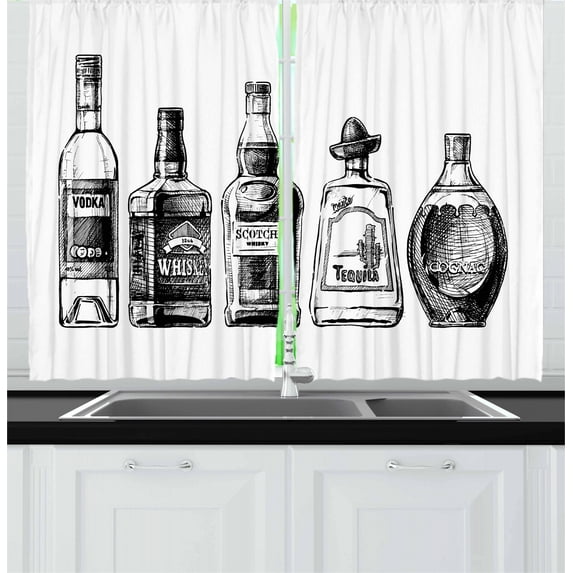 Ambesonne Alcohol Kitchen Curtains, Ink Drawing Beverages, 55"x39", Black and White