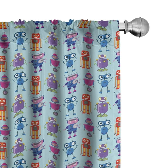 Ambesonne Alien Window Curtains, Colorful Robots Funny Shapes, Each 28" W x 95" L, Pale Blue and Multicolor