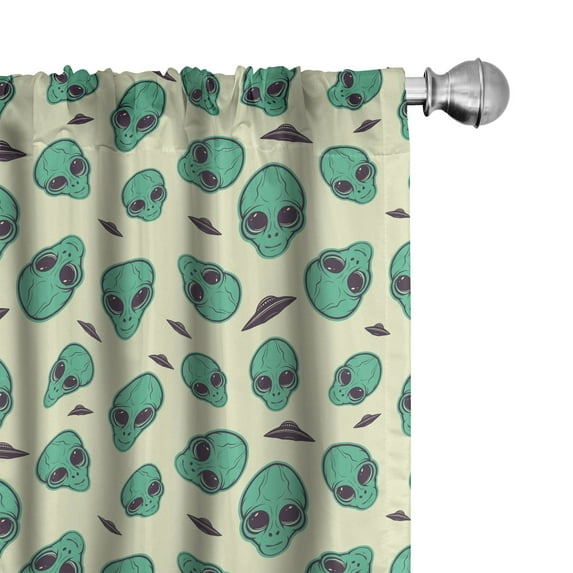 Ambesonne Alien Curtains, Retro UFOs Extraterrestrial, Pair of 28"x63", Teal Cream Dark Purple