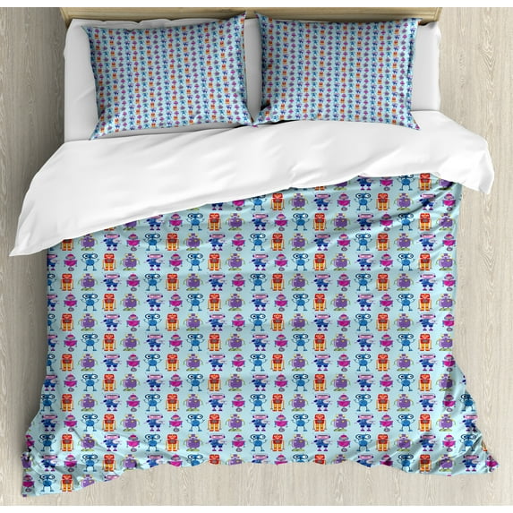 Ambesonne Alien Duvet Cover Set, Colorful Robots Funny Shapes, 2-Calking, Pale Blue and Multicolor