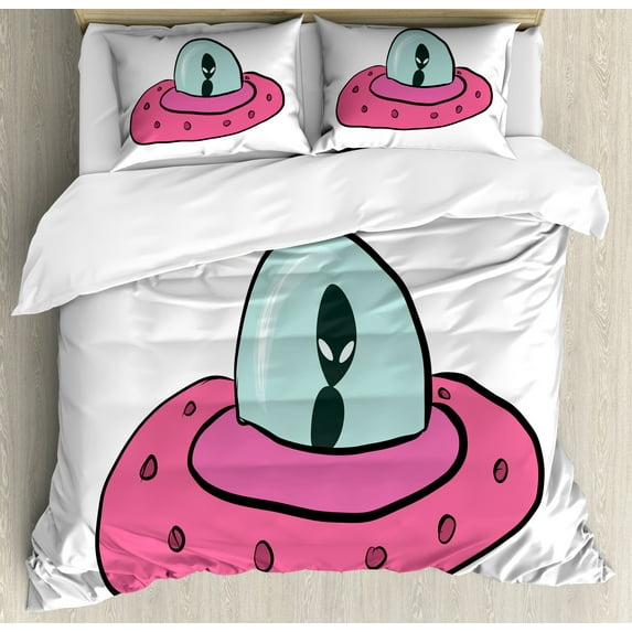 Ambesonne Alien Duvet Cover Set, Doodle Style Flying Saucer, 2-Calking, Pink Pale Blue White