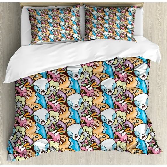 Ambesonne Alien Duvet Cover Sets, Characters Space Journey Fun, 2-Queen, Deep Sky Blue Multicolor