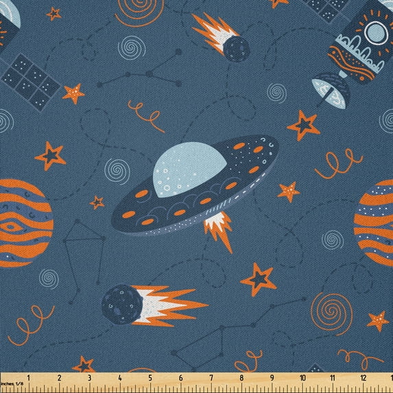 Ambesonne Alien Fabric by the Yard Microfiber, Satellite Stars Space Theme, 5 Yards, Dark Sky Blue Dark Peach