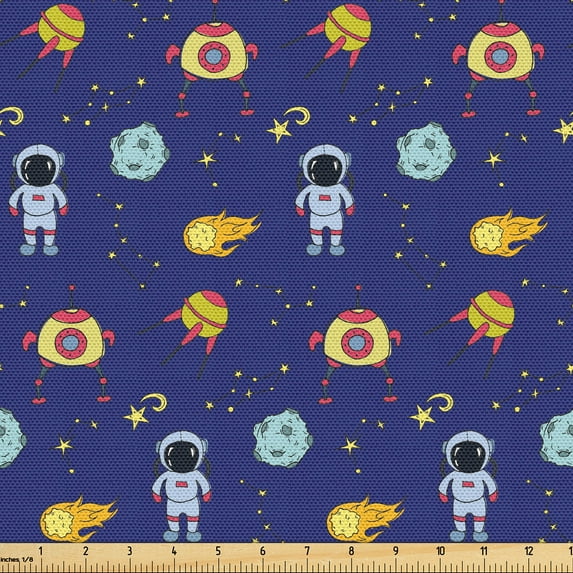 Ambesonne Alien Fabric by the Yard Upholstery, Cosmic Outer World Objects, 2 Yards, Indigo Multicolor