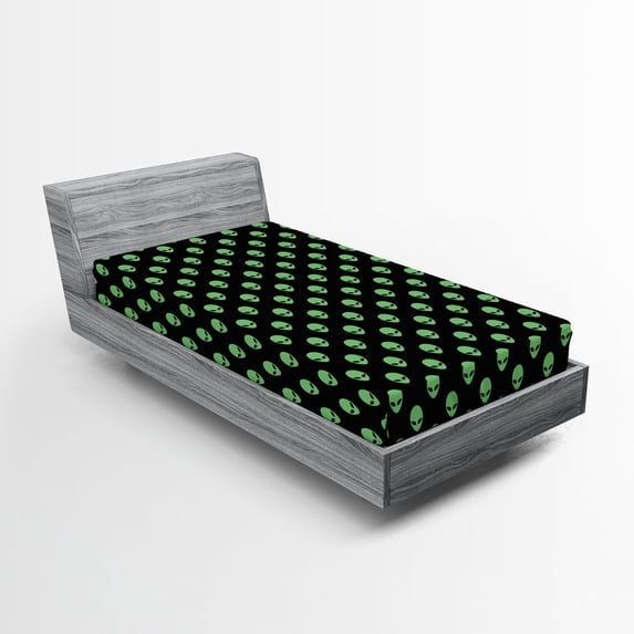 Ambesonne Alien Fitted Sheet 2 Pcs Set, Martian Design, Twin, Fern Green Black