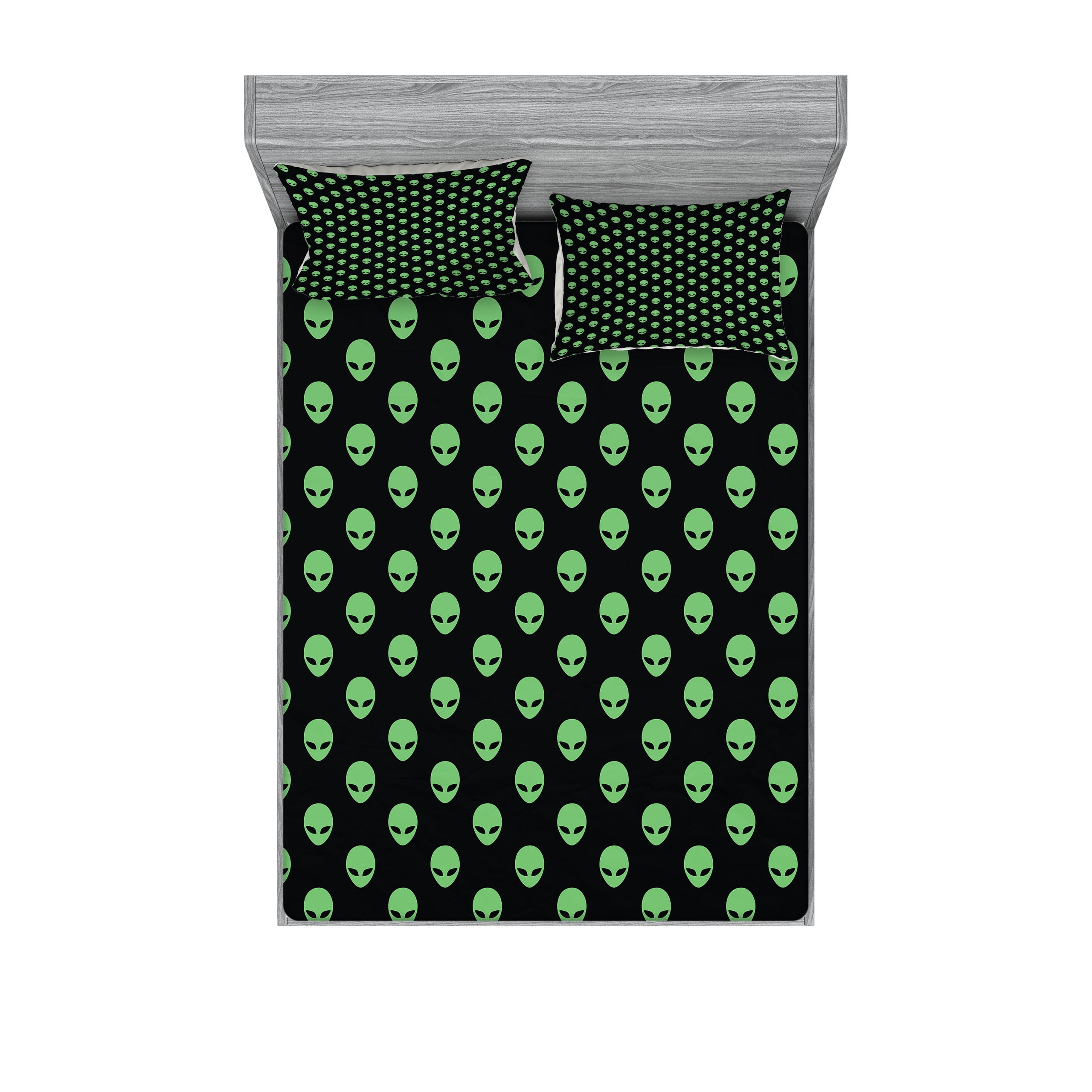 Alien Print Black and Green Microfiber Queen Sheet Set
