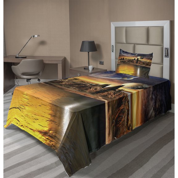Ambesonne Alien Fitted & Top Sheet Set with Sham, Planet Sci Fi Fantasy Art, Multicolor
