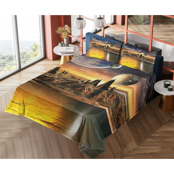 Ambesonne Alien Fitted & Top Sheet Set with Shams, Planet Sci Fi Fantasy Art, Multicolor