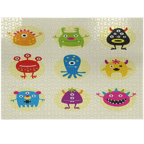 Ambesonne Alien Jigsaw Puzzle Durable Cardboard, Colorful Monsters Funny Faces, 1000 pcs, Cream and Multicolor