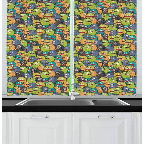 Ambesonne Alien Kitchen Curtains, Colorful Monster Crowd, 55"x39", Multicolor