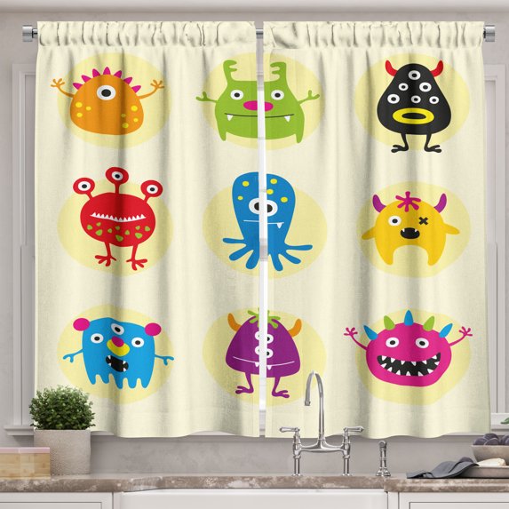 Ambesonne Alien Kitchen Curtains, Colorful Monsters Funny Faces, 55"x45", Cream and Multicolor