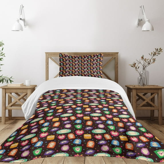 Ambesonne Alien Quilted Bedspread Set 2 Pcs, Abstract Fluffy Monsters, Twin Size, Multicolor