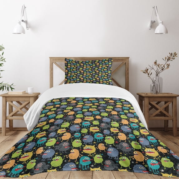 Ambesonne Alien Quilted Bedspread Set 2 Pcs, Cartoon Style Beings, Twin Size, Multicolor