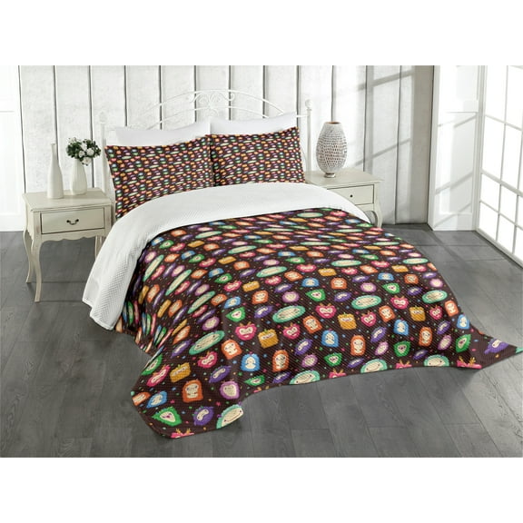 Ambesonne Alien Quilted Bedspread Set 3 Pcs, Abstract Fluffy Monsters, King Size, Multicolor