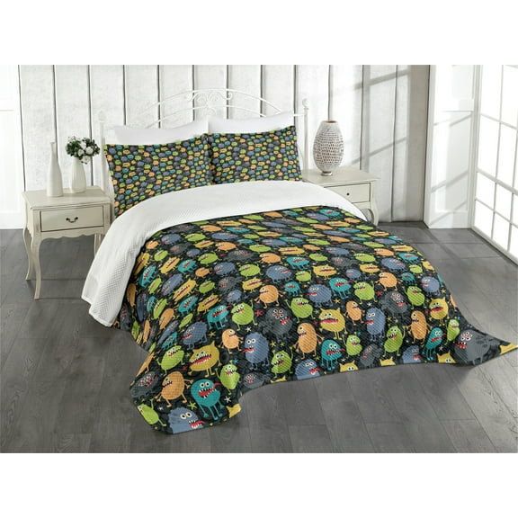 Ambesonne Alien Quilted Bedspread Set 3 Pcs, Cartoon Style Beings, Queen Size, Multicolor