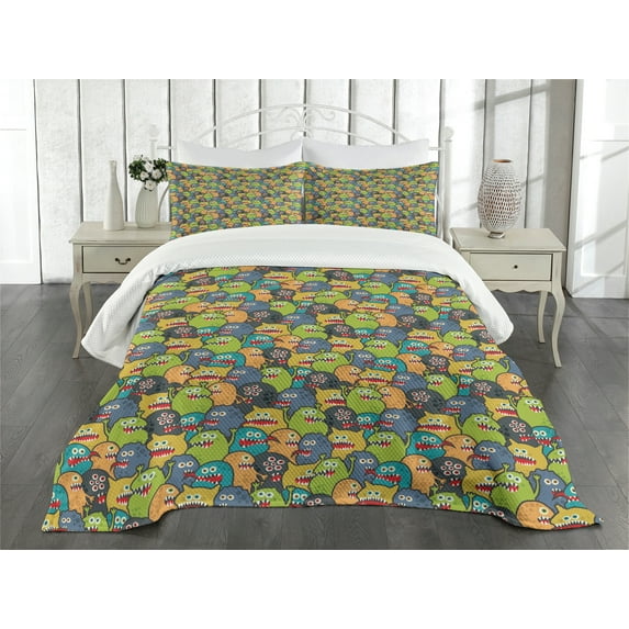Ambesonne Alien Quilted Bedspread Set 3 Pcs, Colorful Monster Crowd, Queen Size, Multicolor