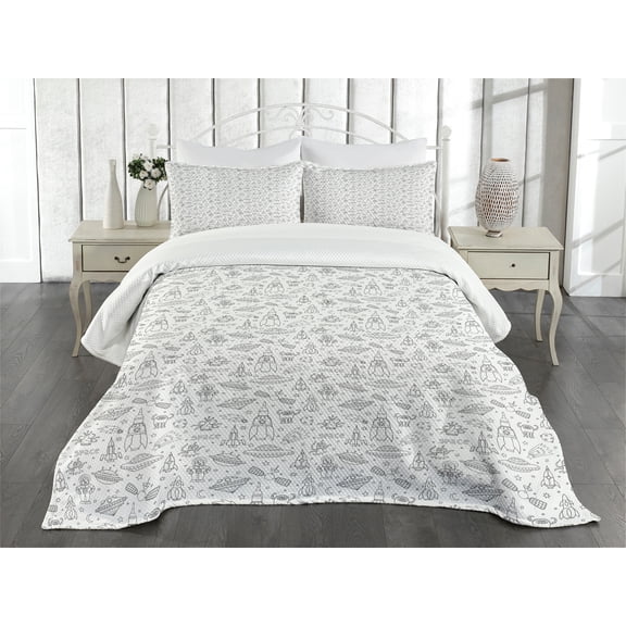 Ambesonne Alien Quilted Bedspread Set 3 Pcs, Monochrome Space Design, King Size, Black White