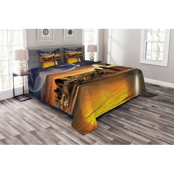 Ambesonne Alien Quilted Bedspread Set 3 Pcs, Planet Sci Fi Fantasy Art, King Size, Multicolor