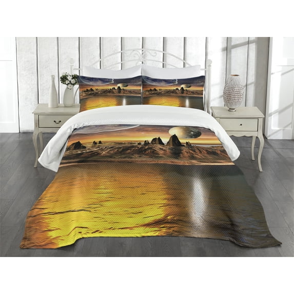 Ambesonne Alien Quilted Bedspread Set 3 Pcs, Planet Sci Fi Fantasy Art, Queen Size, Multicolor