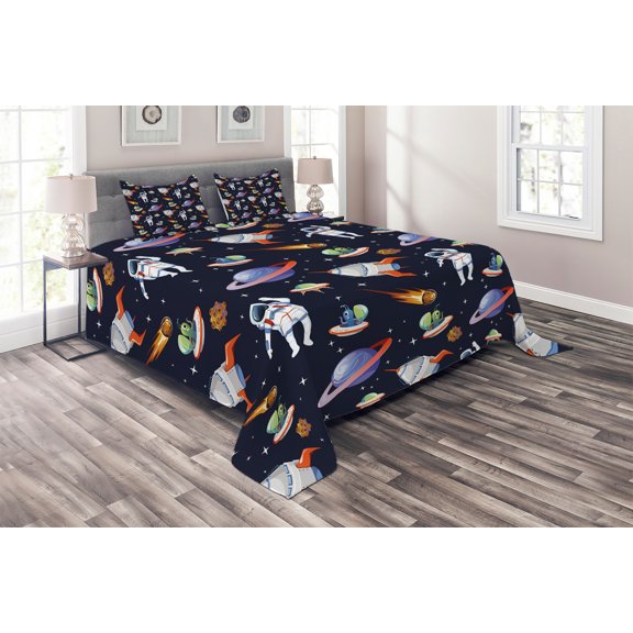 Ambesonne Alien Quilted Coverlet 3 Pcs, Galaxy Asteroid UFO Astronaut, King Size, Multicolor