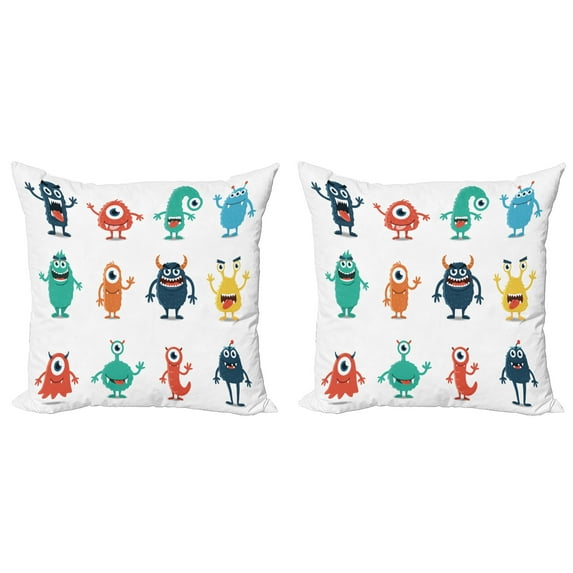 Ambesonne Alien Throw Pillow Cover 2 Pack, Colorful Monster Graphic Art, 18", White Multicolor