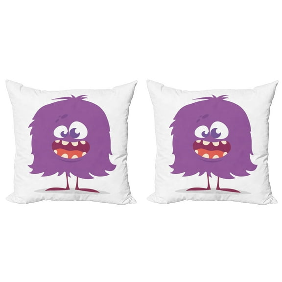 Ambesonne Alien Throw Pillow Cover 2 Pack, Monster Silly Face Cartoon, 24", White Purple