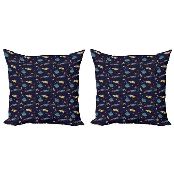 Ambesonne Alien Throw Pillow Cover 2 Pack, Stars Rockets and Planets, 20", Multicolor