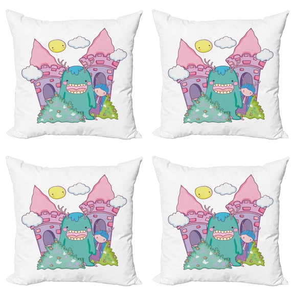 Ambesonne Alien Throw Pillow Cover 4 Pack, Little Girl Monster Castle, 18", Multicolor
