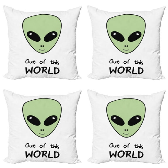 Ambesonne Alien Throw Pillow Cover 4 Pack, Out of This World UFO Being, 16", Pale Green Charcoal Grey