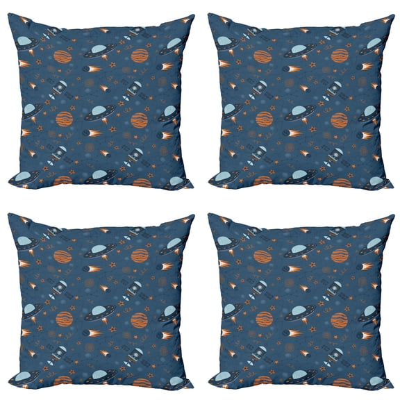 Ambesonne Alien Throw Pillow Cover 4 Pack, Satellite Stars Space Theme, 20", Dark Sky Blue Dark Peach