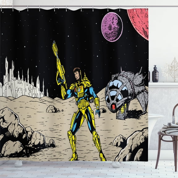 Ambesonne Alien Trip Shower Curtain, Sci-Fi Retro Comic Hero, 69"Wx70"L, Black Pale Sepia Yellow