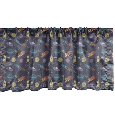 Ambesonne Alien Window Valance, Space Themed Comet Stars Rockets and Planets in Pastel Tones, Curtain Valance for Kitchen Bedroom Decor with Rod Pocket, 54" X 18", Multicolor