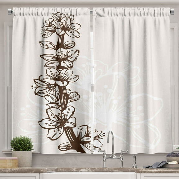 Ambesonne Almond Blossom Kitchen Curtains, Hand Drawn Petals, 55"x45", Dark Brown Beige