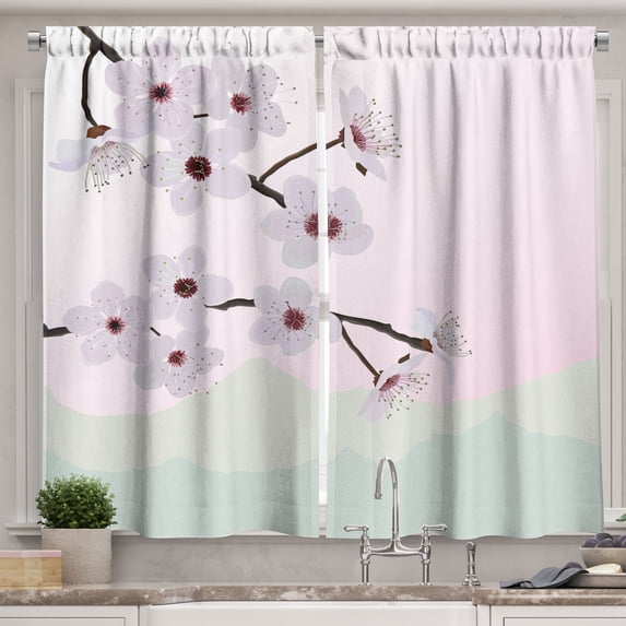 Ambesonne Almond Blossom Kitchen Curtains, Motifs with Trees, 55"x39", Multicolor