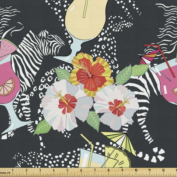 Ambesonne Aloha Fabric by the Yard Upholstery, Cocktails Hibiscus Zebra, 1 Yard, Multicolor