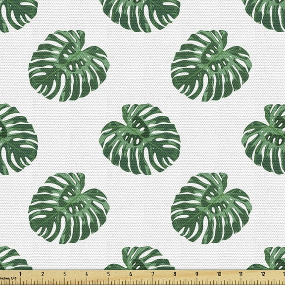Ambesonne Aloha Fabric by the Yard Upholstery, Evergreen Monstera Leaf, 1 Yard, Green and White