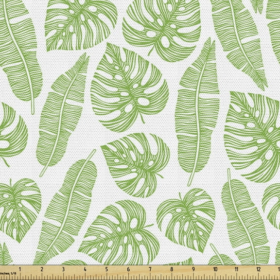 Ambesonne Aloha Fabric by the Yard Upholstery, Hawaii Jungle Leaves Arcadia, 5 Yards, Lime Green White