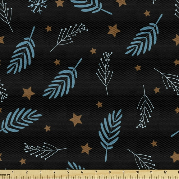 Ambesonne Aloha Fabric by the Yard Upholstery, Tropical Leaves and Stars, 10 Yards, Black Cinnamon Blue