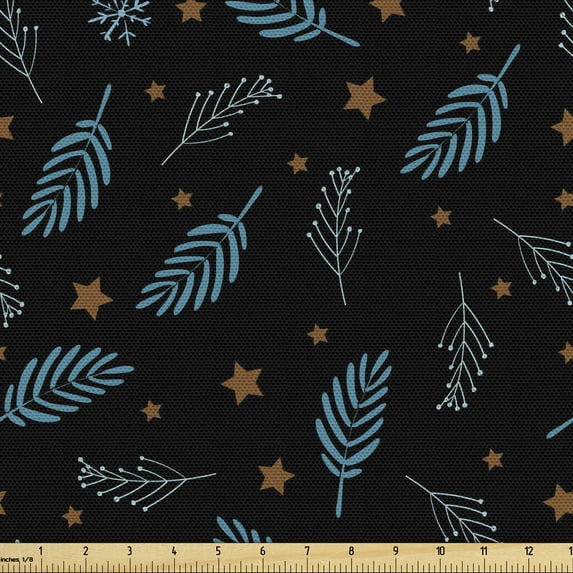 Ambesonne Aloha Fabric by the Yard Upholstery, Tropical Leaves and Stars, 2 Yards, Black Cinnamon Blue