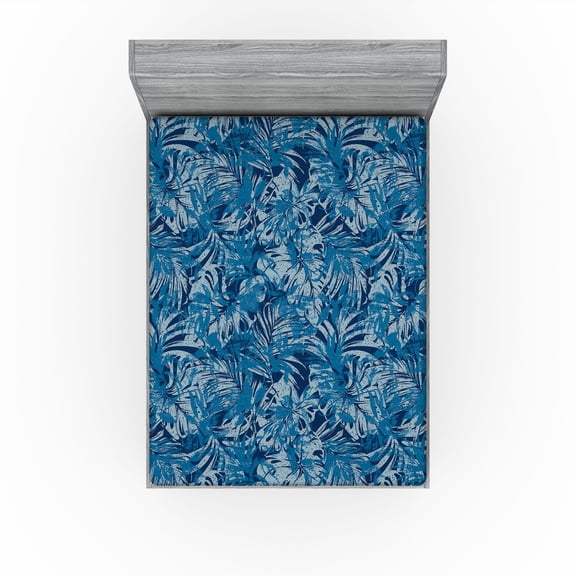 Ambesonne Aloha Fitted Sheet, Abstract Grunge Botany Leaves, California King, Indigo and Sea Blue