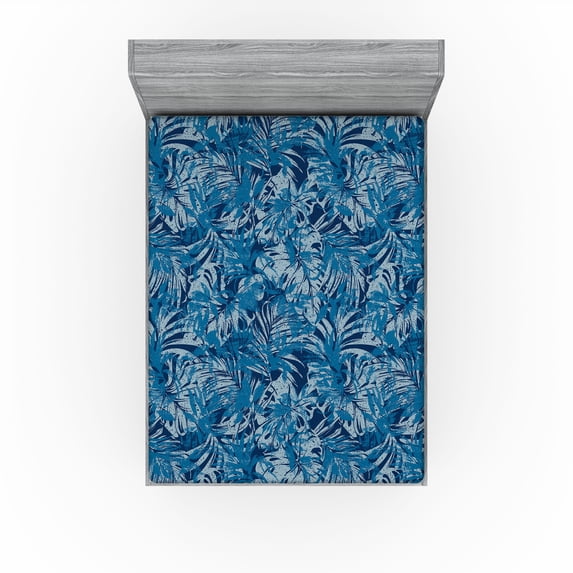 Ambesonne Aloha Fitted Sheet, Abstract Grunge Botany Leaves, Queen Size, Indigo and Sea Blue