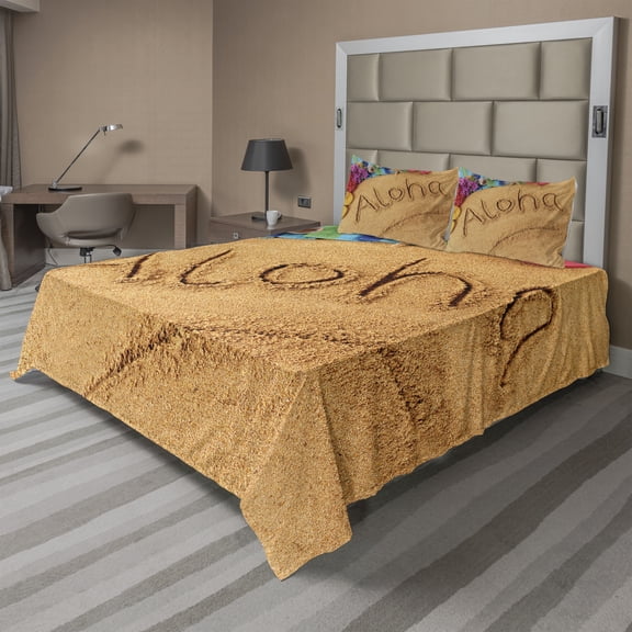 Ambesonne Aloha Fitted & Top Sheet Set with Shams, Summer Holiday Season Theme, Brown and Red