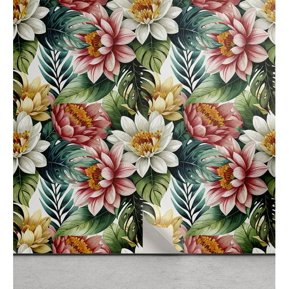Ambesonne Aloha Floral Peel & Stick Wallpaper for Home, Vintage Tropical Bloom, 13"x36", Teal Mustard and Coral
