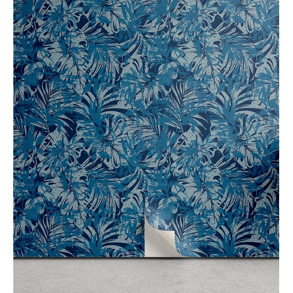 Ambesonne, Aloha Peel & Stick Wallpaper for Home, Abstract Grunge Botany Leaves, 13"x36", Indigo and Sea Blue