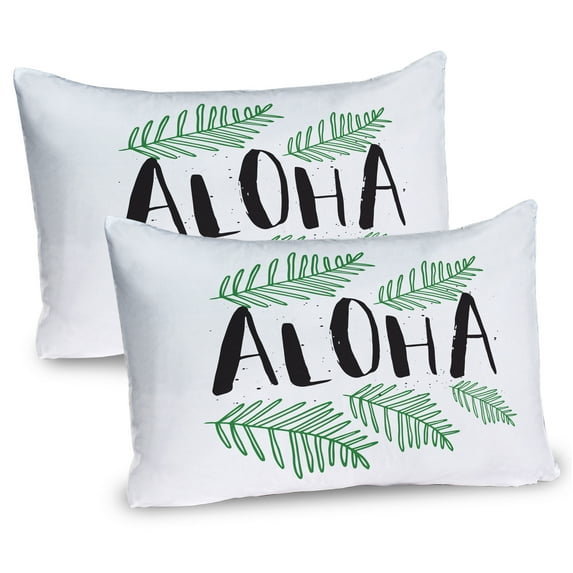 Ambesonne Aloha Pillow Sham 2 Pack, Tropic Leaves and Inky Text, 30"x20", Charcoal Grey Green